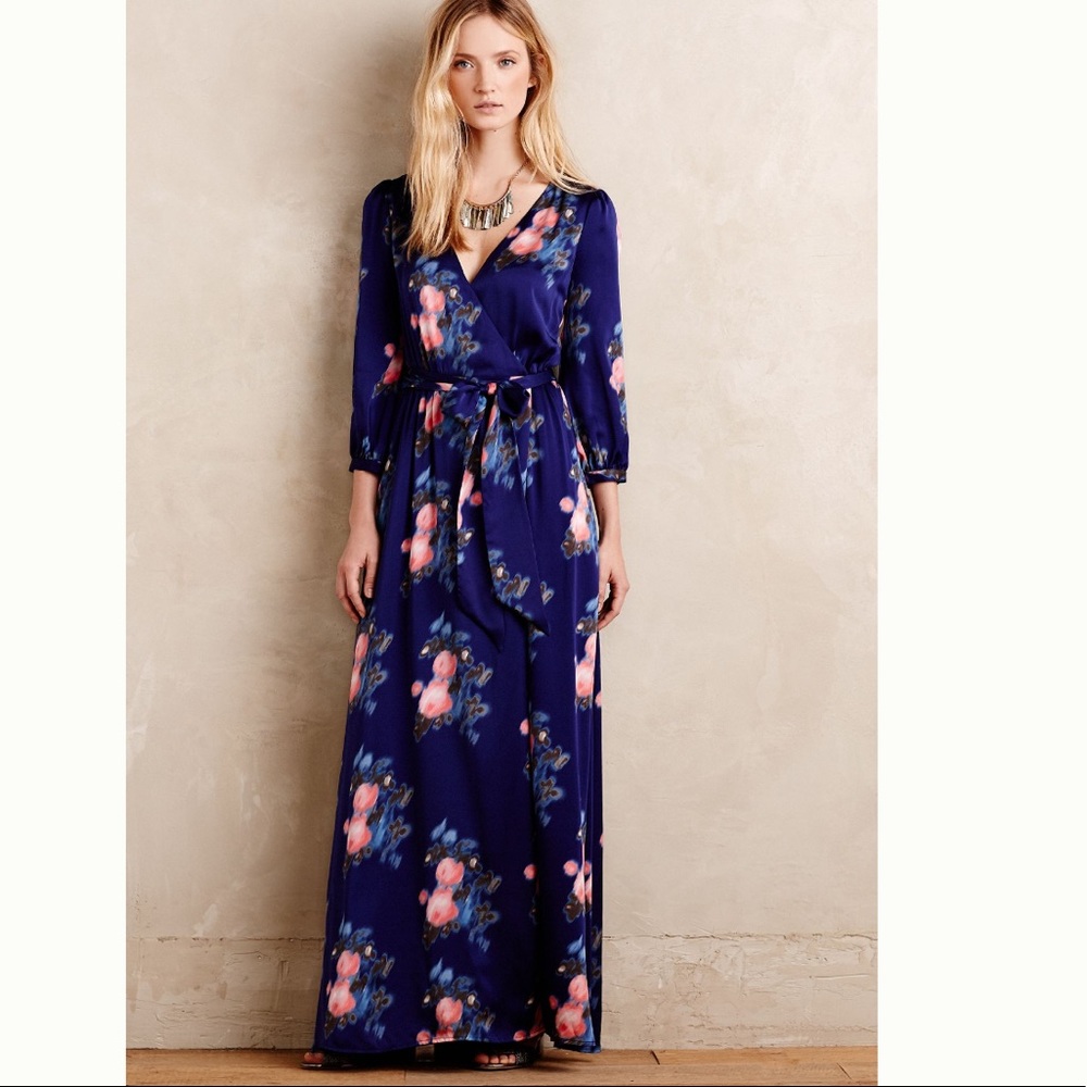 ANTHROPOLOGIE PETER SOM X MADE IN KIND SILK DRESS size 2 maxi kimono wrap dress